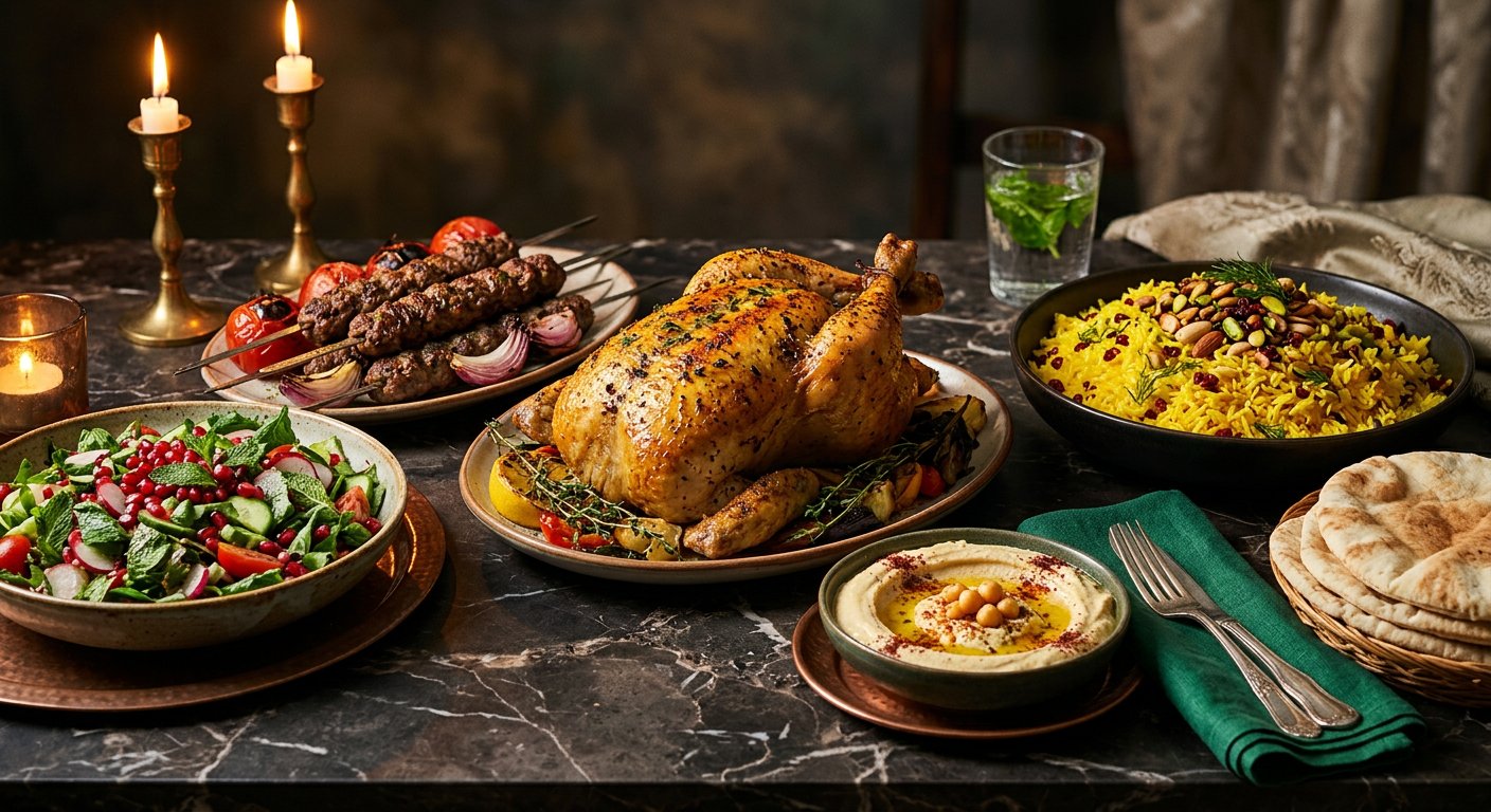 Luxurious Middle Eastern halal feast with roasted chicken, lamb, saffron rice, and fresh sides